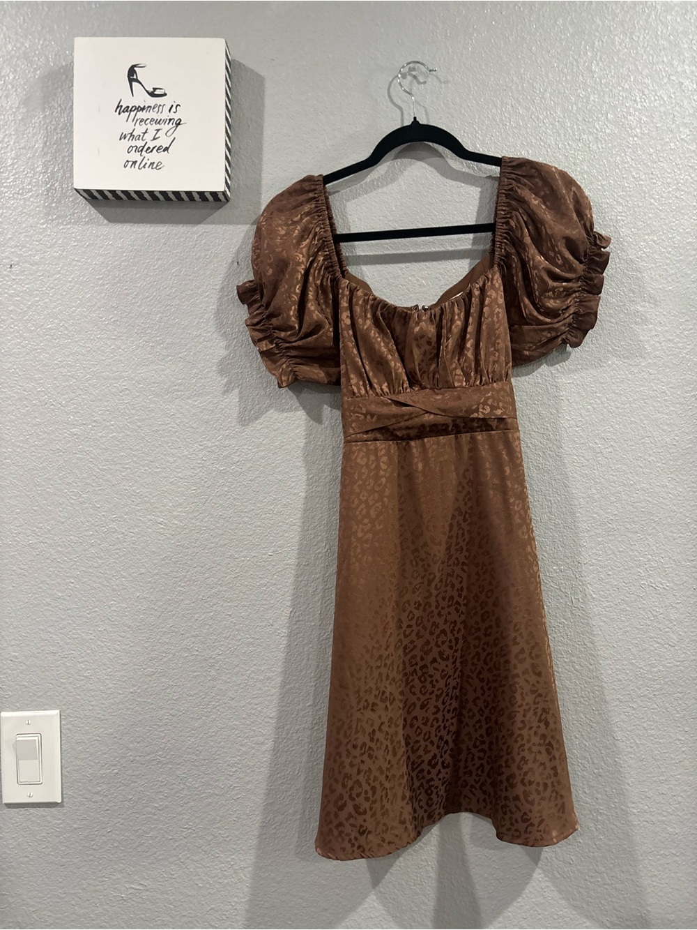 Francesca's Brown Satin Puff-Sleeve Mini Dress